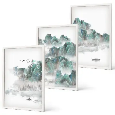3er-Set Bilder mit Rahmen mit Motiven von Bergen, Wolken, Vögeln und Booten im Japandi-Stil