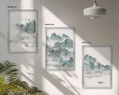 3er-Set Bilder mit Rahmen mit Motiven von Bergen, Wolken, Vögeln und Booten im Japandi-Stil