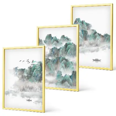 3er-Set Bilder mit Rahmen mit Motiven von Bergen, Wolken, Vögeln und Booten im Japandi-Stil