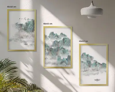 3er-Set Bilder mit Rahmen mit Motiven von Bergen, Wolken, Vögeln und Booten im Japandi-Stil