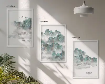 3er-Set Bilder mit Rahmen mit Motiven von Bergen, Wolken, Vögeln und Booten im Japandi-Stil