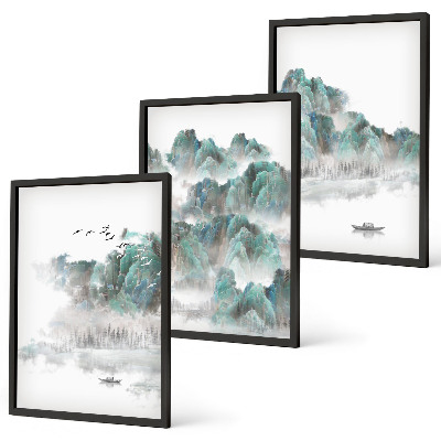Bilder-3er-set mit rahmen Berge, Wolken, Vögel, Boot, Japandi