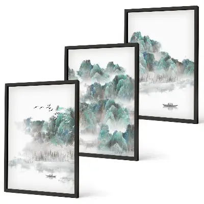 3er-Set Bilder mit Rahmen mit Motiven von Bergen, Wolken, Vögeln und Booten im Japandi-Stil