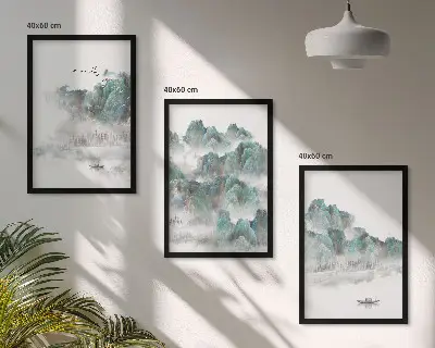 3er-Set Bilder mit Rahmen mit Motiven von Bergen, Wolken, Vögeln und Booten im Japandi-Stil