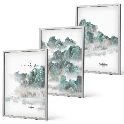 3er-Set Bilder mit Rahmen mit Motiven von Bergen, Wolken, Vögeln und Booten im Japandi-Stil