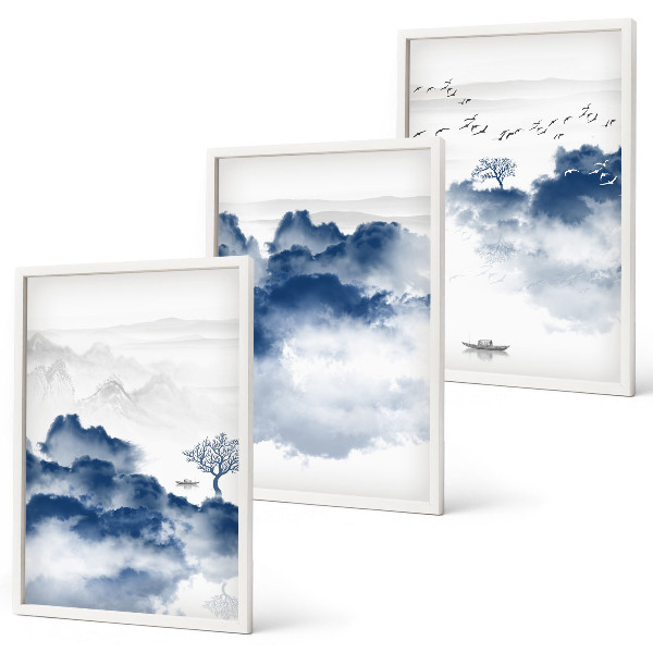 Gerahmtes bilderset Berge, Wolken, Bäume, Vögel