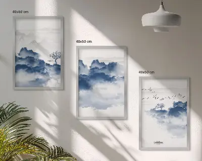 Gerahmtes Bilderset mit Motiven von Bergen, Wolken, Bäumen und Vögeln