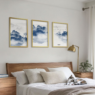 Gerahmtes bilderset Berge, Wolken, Bäume, Vögel