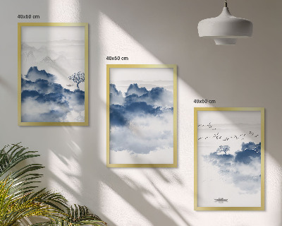Gerahmtes bilderset Berge, Wolken, Bäume, Vögel