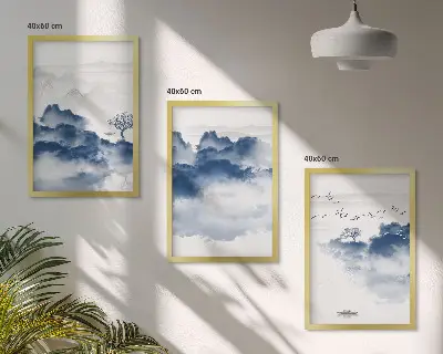 Gerahmtes Bilderset mit Motiven von Bergen, Wolken, Bäumen und Vögeln