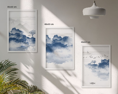 Gerahmtes bilderset Berge, Wolken, Bäume, Vögel
