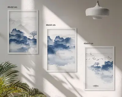 Gerahmtes Bilderset mit Motiven von Bergen, Wolken, Bäumen und Vögeln