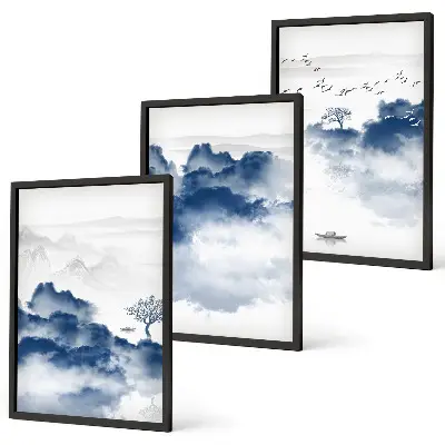 Gerahmtes Bilderset mit Motiven von Bergen, Wolken, Bäumen und Vögeln