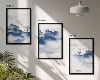 Gerahmtes Bilderset mit Motiven von Bergen, Wolken, Bäumen und Vögeln