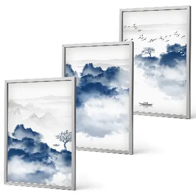 Gerahmtes Bilderset mit Motiven von Bergen, Wolken, Bäumen und Vögeln