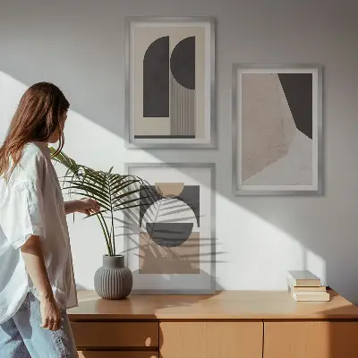 Abstrakte Formen in Beige und Braun 3er-Set Bilder mit Rahmen