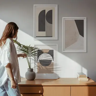 Abstrakte Formen in Beige und Braun 3er-Set Bilder mit Rahmen