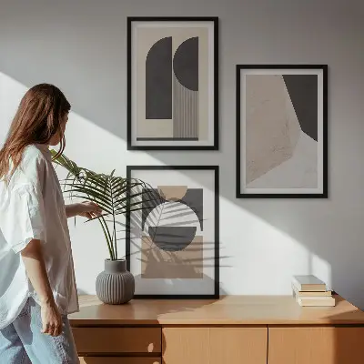 Abstrakte Formen in Beige und Braun 3er-Set Bilder mit Rahmen