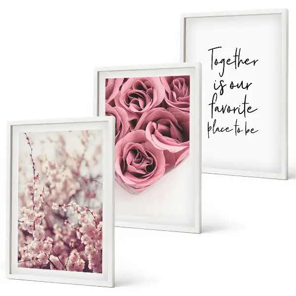 Blumensträuße aus Rosen mit Inschrift 3er-Set Bilder mit Rahmen
