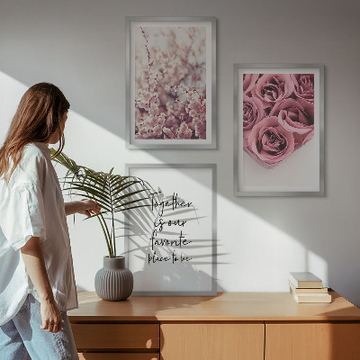 Bilder-3er-set mit rahmen Blumensträuße aus Rosen mit einer Inschrift