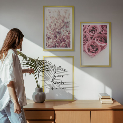 Bilder-3er-set mit rahmen Blumensträuße aus Rosen mit einer Inschrift