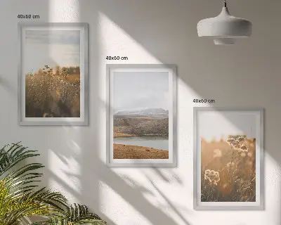 Gerahmtes Bilderset mit Motiven von Landschaften, Wiesen, Bergen und Seen