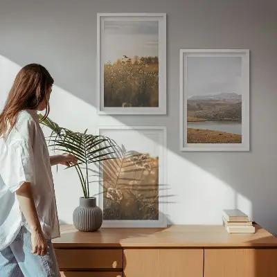 Gerahmtes Bilderset mit Motiven von Landschaften, Wiesen, Bergen und Seen