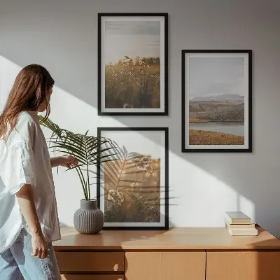 Gerahmtes Bilderset mit Motiven von Landschaften, Wiesen, Bergen und Seen