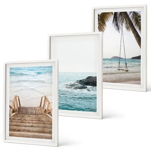 Gerahmtes Bilderset Treppe am Strand mit Meerblick und Schaukel