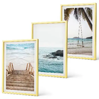 Gerahmtes Bilderset Treppe am Strand mit Meerblick und Schaukel