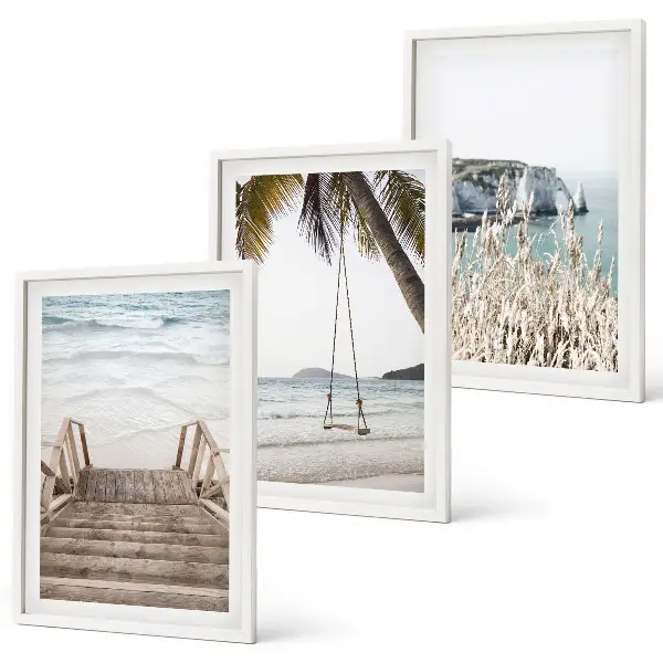 Strandtreppe aus Holz und Schaukel 3er-Set Wandbilder mit Rahmen