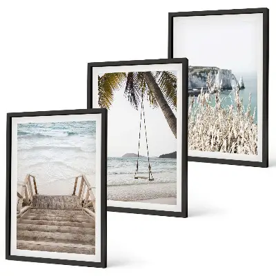 Strandtreppe aus Holz und Schaukel 3er-Set Wandbilder mit Rahmen