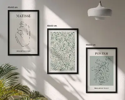 Bilder-3er-Set mit Rahmen mit Linien, Pflanzenmuster und Minimalismus-Design