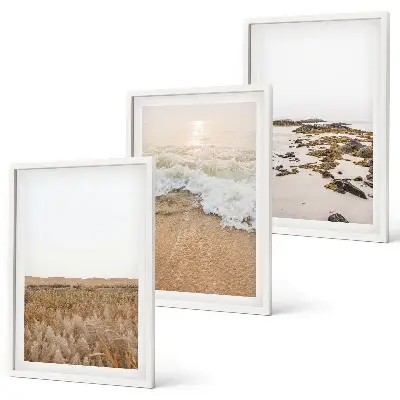Gerahmtes Bilderset mit Strandwellen, Steinen und Sommermotiven