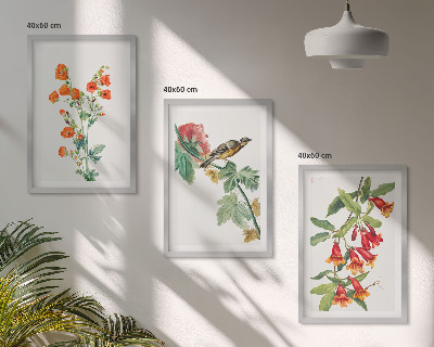 Bilder-3er-set mit rahmen Gemalte Blumen und ein Vogel