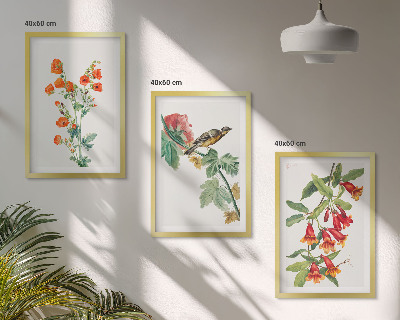 Bilder-3er-set mit rahmen Gemalte Blumen und ein Vogel
