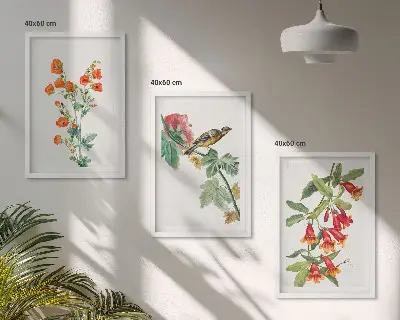 Gemalte Blumen und ein Vogel 3er-Set Bilder mit Rahmen