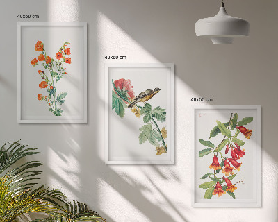 Bilder-3er-set mit rahmen Gemalte Blumen und ein Vogel