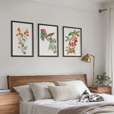 Bilder-3er-set mit rahmen Gemalte Blumen und ein Vogel