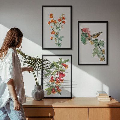 Bilder-3er-set mit rahmen Gemalte Blumen und ein Vogel