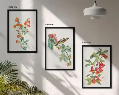 Gemalte Blumen und ein Vogel 3er-Set Bilder mit Rahmen
