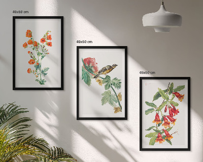 Bilder-3er-set mit rahmen Gemalte Blumen und ein Vogel