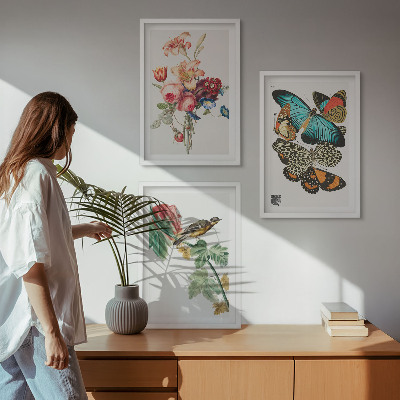 Gerahmtes bilderset Blumen, Schmetterlinge, Vögel, Pastellfarben