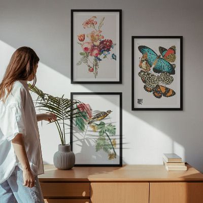 Gerahmtes bilderset Blumen, Schmetterlinge, Vögel, Pastellfarben