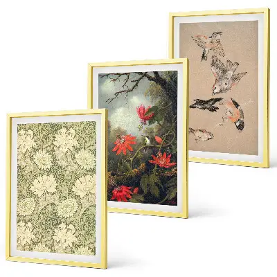 3er-Set Bilder mit Rahmen mit Blumen-, Vogel- und Naturmotiven