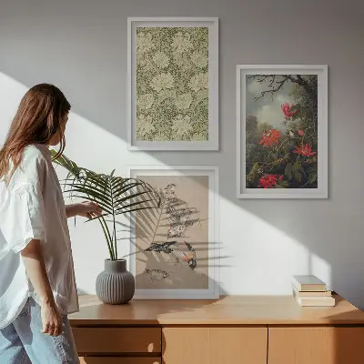 3er-Set Bilder mit Rahmen mit Blumen-, Vogel- und Naturmotiven
