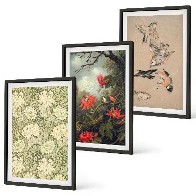3er-Set Bilder mit Rahmen mit Blumen-, Vogel- und Naturmotiven