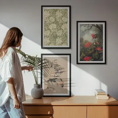3er-Set Bilder mit Rahmen mit Blumen-, Vogel- und Naturmotiven