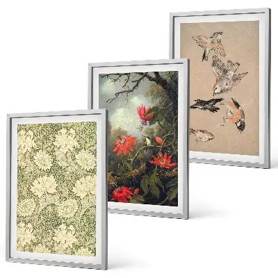 3er-Set Bilder mit Rahmen mit Blumen-, Vogel- und Naturmotiven