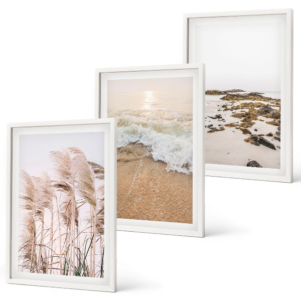 Gerahmtes bilderset Strandgras, Wellen, Steine, Boho-Stil